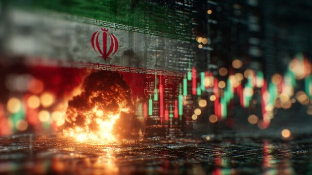 A nation amidst turmoil: the struggle and resilience unfold. Market analysis. Resilient symbols: the flag among fiery explosions and thick, dark smoke. Investment planning. Currency movement.