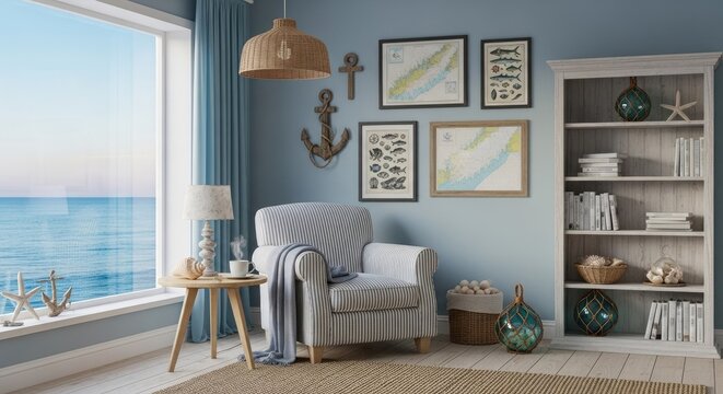 Coastal living room interior with blue ocean window view