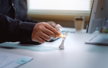 Business strategy concept with hand moving white chess knight to beat king piece on office desk. ideal for corporate planning, decision making, leadership, and competitive advantage marketing. © harit