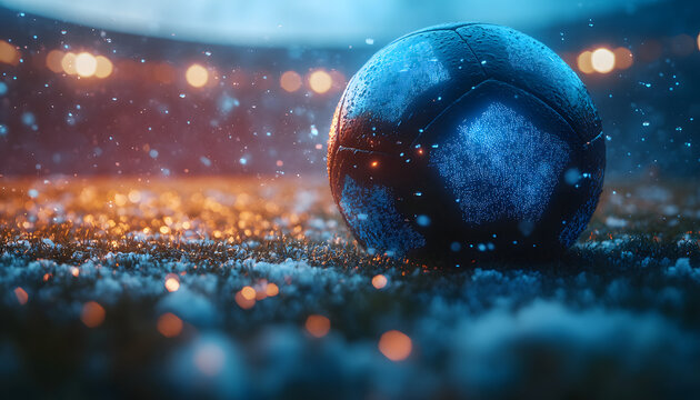 Ultra Realistic 3D Floating Soccer Ball with Holographic Interface in Futuristic Stadium, Sports Technology Concept