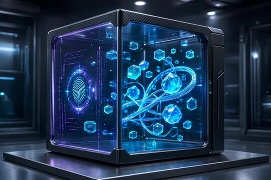 Futuristic cyber security vault cube with holographic biometric fingerprint scanner and glowing crystalline data cores