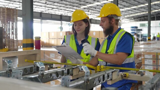 Workers measure items in a warehouse to ensure correct dimensions and organization within the facility