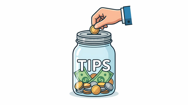 Illustration of a hand giving money into a transparent tip jar, symbolizing gratitude for excellent service and a way to collect extra earnings