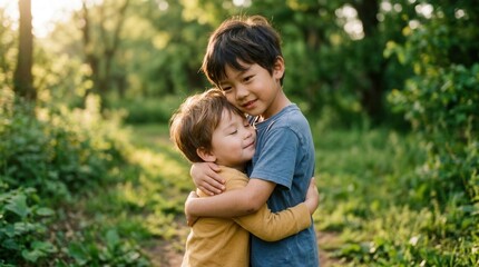 Fototapeta premium Two young brothers embracing lovingly in a forest, feeling warmth and family connection.