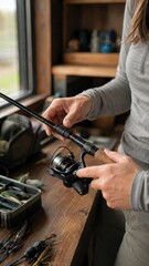 Obraz premium Person adjusting fishing rod and reel while preparing fishing gear on wooden table, with tackle box and various lures visible in the background