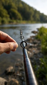 Close-up of a hand threading fishing line through a guide on a fishing rod near a riverbank with greenery and water in the background
