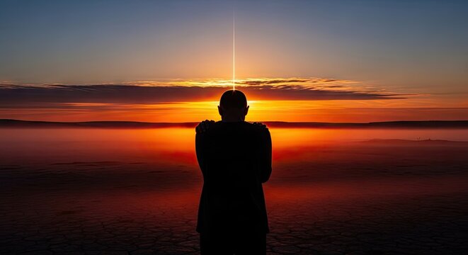 Man silhouette standing before golden ocean sunset horizon.