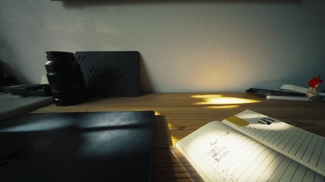 Morning Light Over Open Planner Notebook on Wooden Desk 4K