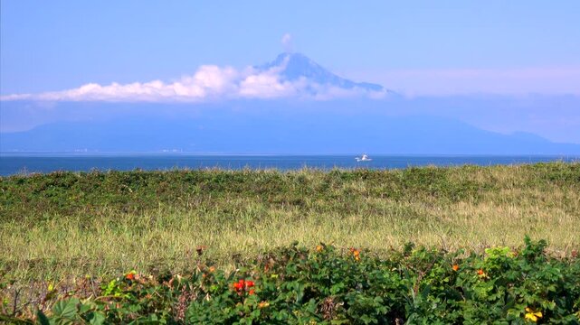 利尻島と日本海とハマナスと漁船