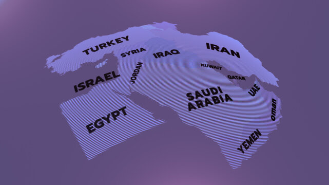 A modern 3D-style political map of the Middle East highlighting countries like Iran, Saudi Arabia, Iraq, Turkey, Israel, Yemen, Oman, Qatar, Syria, Jordan, EGYPT, UAE, middle east countries,