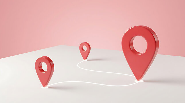 Red Map Location Pin Icons On White Surface With Connecting Path Line