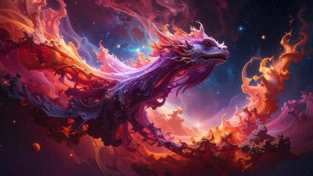 Majestic purple dragon flying through vibrant cosmic clouds.