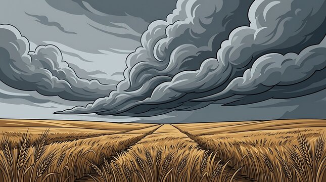 Dramatic storm clouds looming over a golden wheat field