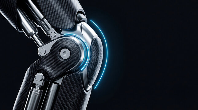 Robotic prosthetic leg with carbon fiber texture, futuristic bionic knee joint with blue glowing light, advanced cyborg limb technology