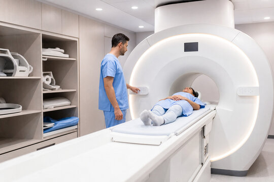 Patient undergoing mri scan in hospital with doctor operating machine. Medical diagnostic technology concept for health checkup in modern clinic interior.