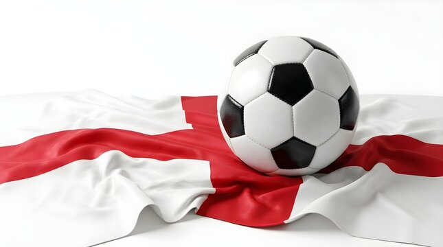 Classic black and white soccer ball lying on the draped flag of England, representing English football