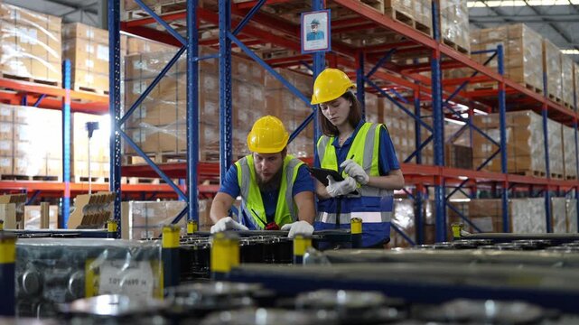 Workers check inventory in large warehouse during busy hours