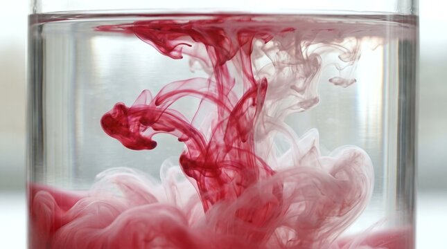 Red and white ink clouds swirling in a clear glass of water, abstract liquid art showcasing chemical diffusion and fluid motion
