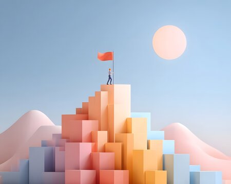 Minimalist 3D illust n of a person reaching an abstract geometric mountain peak and planting a flag, symbolizing success, goal achievement, and progress in a serene pastel landscape.