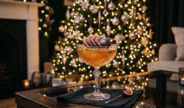 An amber fig and vanilla bean mocktail in a vintage crystal coupe glass set on a dark glass coffee table, A sliced fresh fig fan garnish resting across the glass rim with a light dusting of edible sil