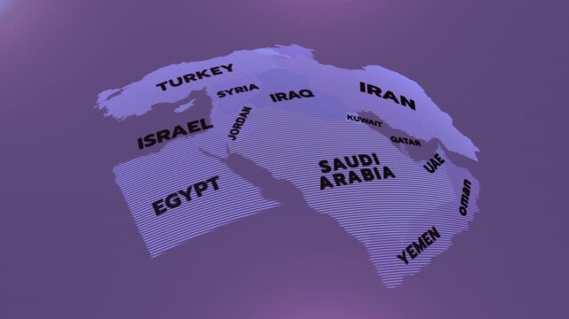 A modern 3D-style political map of the Middle East highlighting countries like Iran, Saudi Arabia, Iraq, Turkey, Israel, Yemen, Oman, Qatar, Syria, Jordan, EGYPT, UAE, middle east countries,