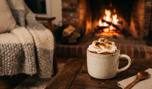 A rich non-alcoholic hot dark chocolate mocktail in a cream ceramic mug placed on a dark oak coffee table, Toasted mini marshmallows dusted with cinnamon powder resting on top of thick whipped cream. 