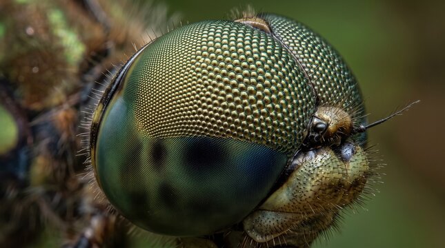 Intricate dragonfly compound eye, a detailed macro shot revealing the insect's complex vision and textured surface. Close-up of a vibrant green dragonfly head