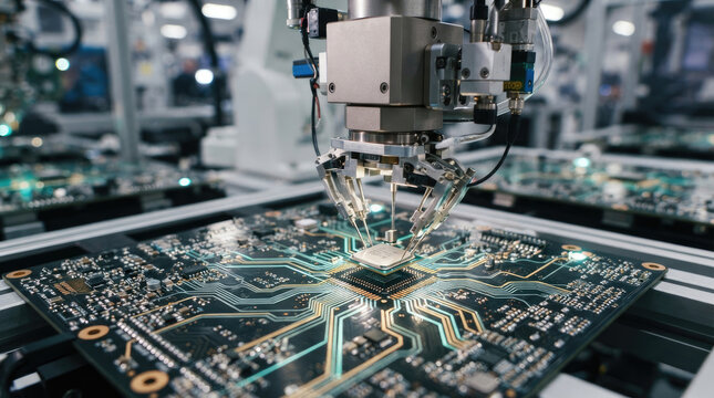 A robotic arm meticulously places a component onto a complex printed circuit board within a high-tech manufacturing facility.