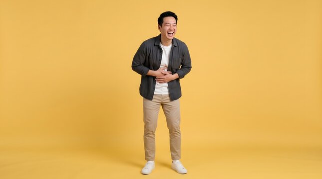 Happy man laughing in studio. Joyful guy having fun on yellow background.