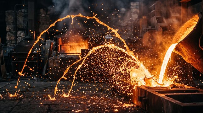 Molten copper liquid splashing dramatically during industrial casting process