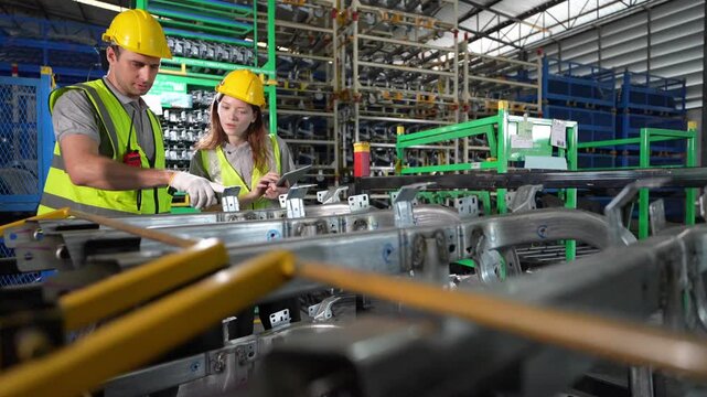 Workers inspect metal frames in a factory setting during the day in a production facility