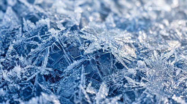 Close-up of intricate ice crystals on a frosty surface.