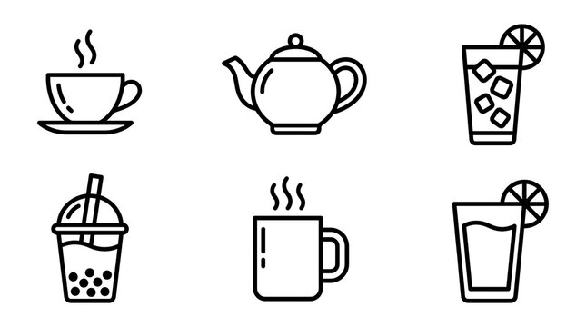 Tea and Coffee Beverage Icon Set Vector Line Art