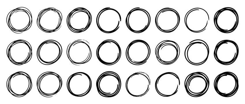 Hand-drawn circles, scribbled design elements, isolated on transparent background