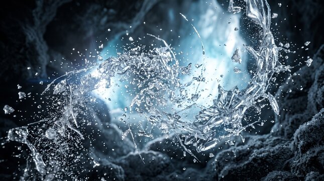 Dynamic frozen water splashes and ice shards in motion against a dark background