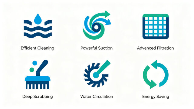 Colorful flat swimming pool equipment icon, representing the concept of strong filtering and energy saving, suitable for introducing swimming pool equipment and cross-border material matching.
