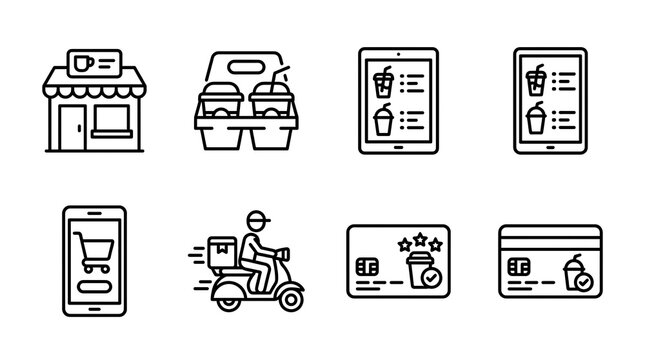 Coffee Delivery and Online Ordering Line Icons Set