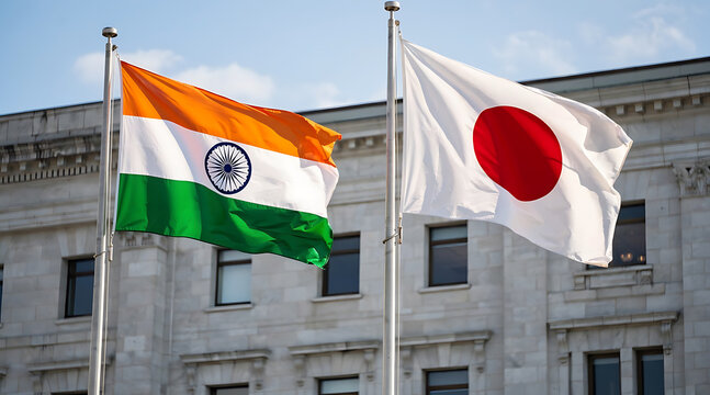 International diplomatic flags of India and Japan flying high together against a grand architectural backdrop symbolizing
