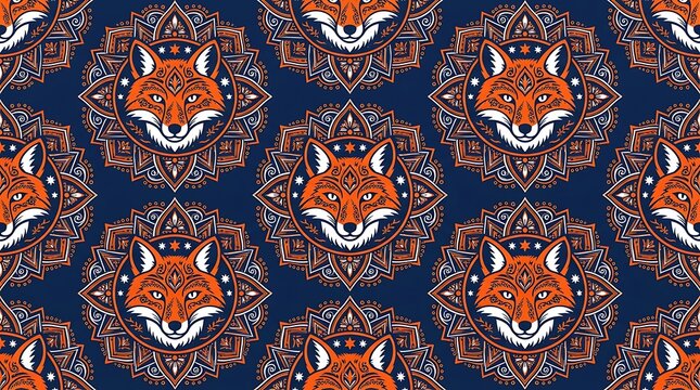 Seamless pattern of fox heads in ornamental mandala designs