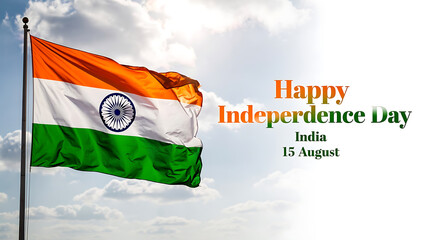 Fototapeta premium Celebrating Indian Independence Day with the national flag flying high on a bright day in India on August 15th