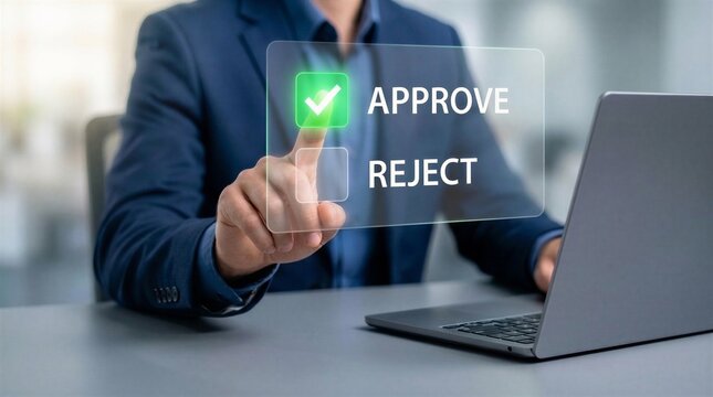 Digital approval and decision-making concept with glowing green approve checkmark and reject buttons, businessman pressing virtual screen on laptop to authorize corporate request and verify business