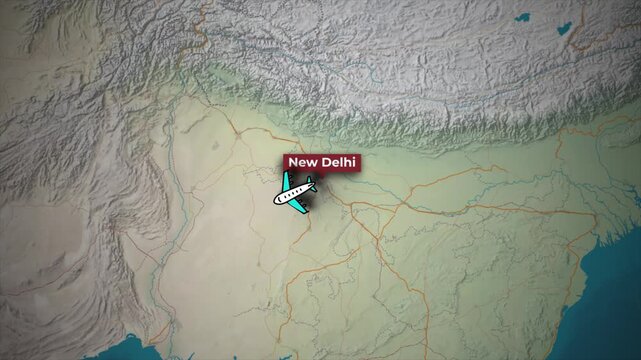 New Delhi to Jeddah Airplane Flight Route Animation on Topographic Map