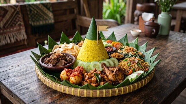 Traditional Indonesian Nasi Tumpeng with Complete Side Dishes on Banana Leaf