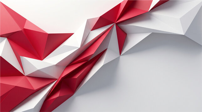 Abstract geometric background featuring sharp triangular shapes in vibrant red and clean white colors with smooth light and soft shadows