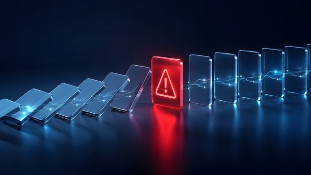 Digital data breach prevention concept, falling dominos stopped by red warning alert, cybersecurity network risk management and system protection.