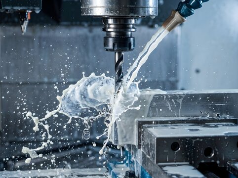 Industrial cnc milling machine drilling metal part with coolant spray