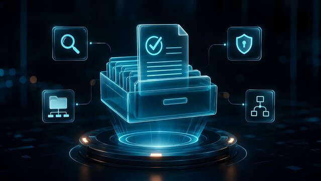 Verified digital document emerging from a holographic database drawer, futuristic file management system with network security and search.