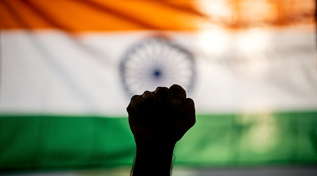 Silhouette of a raised fist against the backdrop of the Indian flag symbolizing strength and unity in national pride
