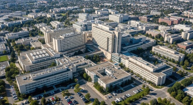 Sprawling aerial view of a modern university hospital complex, showcasing advanced medical facilities and extensive campus infrastructure.