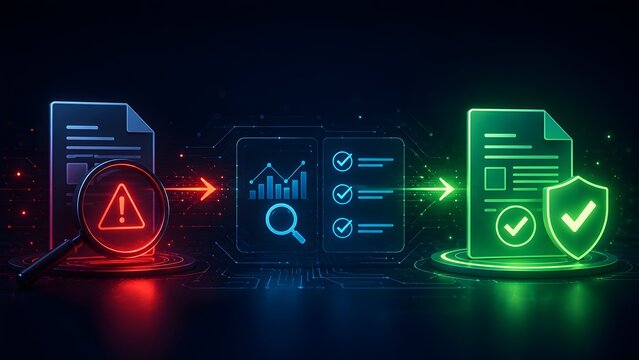 Digital document verification workflow from red warning error to green approved secure status, futuristic data analysis and compliance processing concept.
